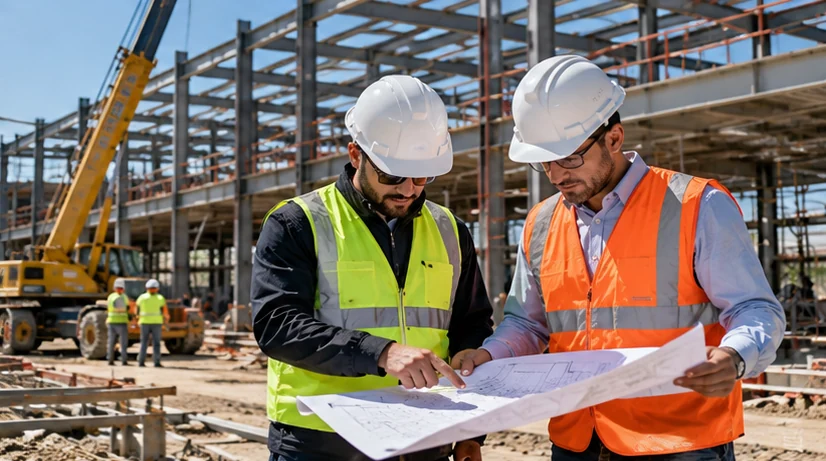 Técnicos revisando planos de seguridad en una obra